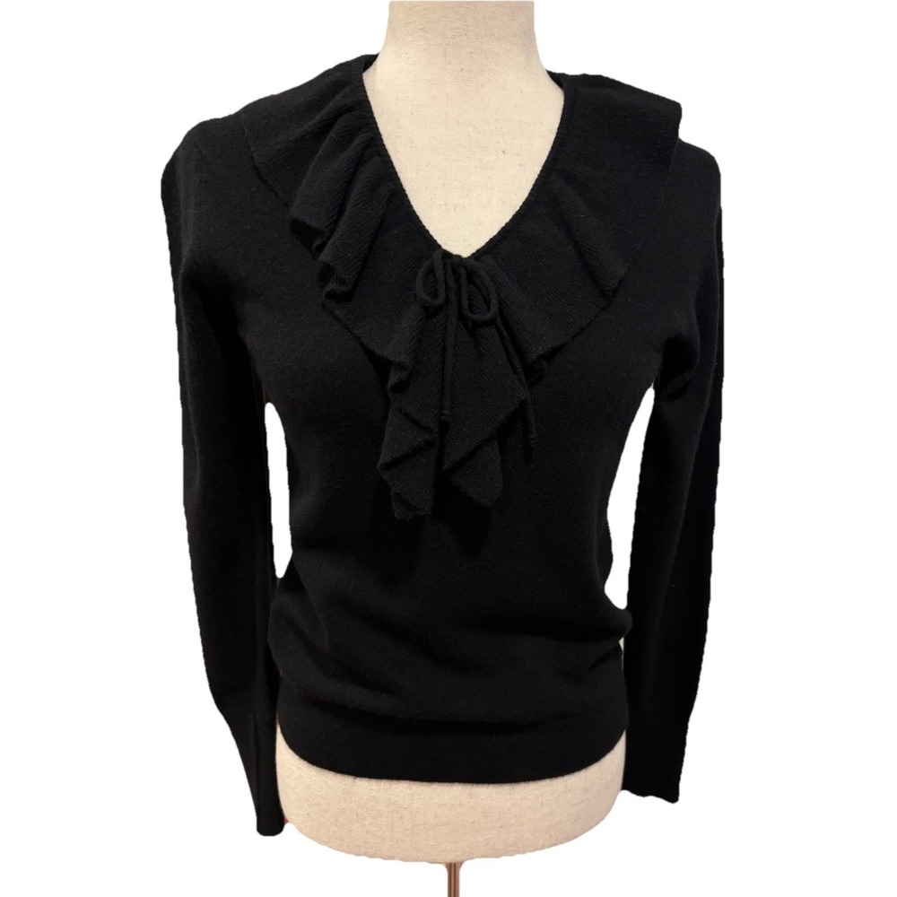 Vtg Barrie Scotland‎ Romantic Ruffle Neck Black 100% Cashmere Rascon London Sz S